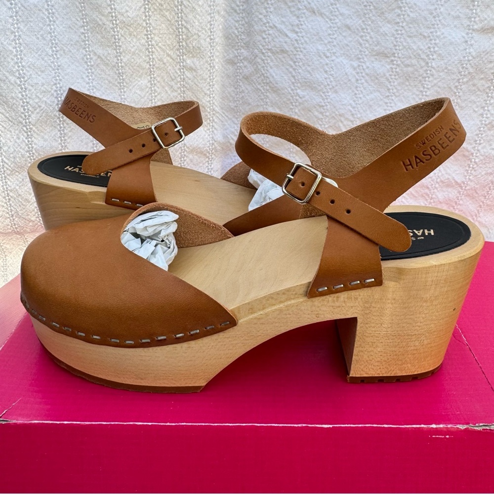 Swedish Hasbeens Krillan Chunky Heel Carmel Brown Sz39